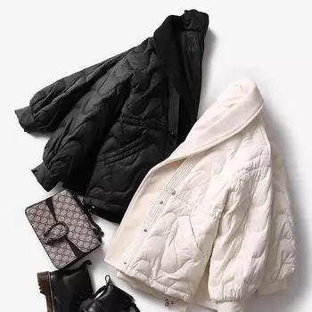 Design sense 2024 осень-зима новый пуховик женский корейский вариант простая и модная талия V-образный вырез шерстяная сращивающаяся куртка прилив S