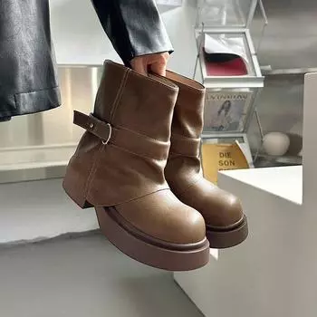 Design Sense Черные ретро-сапоги с толстой подошвой, женские весенние и осенние тонкие брючные сапоги, короткие сапоги с большой головкой 35 чёрный