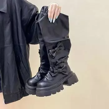 Design sense is thin, fashionable and versatile, high-heeled women s knight boots, autumn retro bow trend thick bottom 35