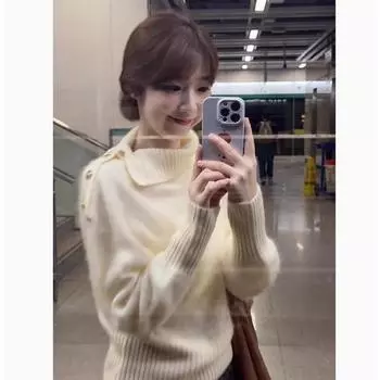 Design Sense Lapel Wool Woven Nap Knit Women Autumn and Winter Wear 2024 Idle Style Turtleneck sweater Short Top Clothes Beige White L(Suggested 52.50 kg-57.50 kg)