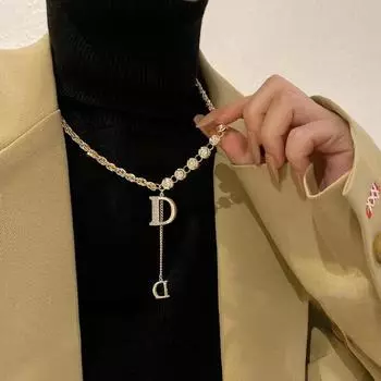 Design Sense Micro Setting Циркон D Подвеска с буквой Длинное ожерелье Зимний свитер Цепь Модные украшения для женщин Девушки Подарок на вечеринку