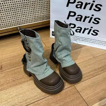 Design sense niche denim trouser boots women s spring and summer new medium tube cigarette casual thick-soled Martin boots 35