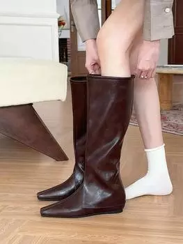 Design Sense Новые длинные сапоги-трубы на толстой подошве, рыцарские сапоги, модные ретро-сапоги с острым носком для женщин, панк-сапоги 35