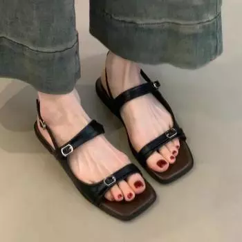 Design sense one word belt buckle flat sandals women s summer new seaside vacation with skirt beach shoes 35