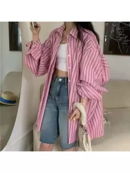 Design Sense Повседневные рубашки Женская розовая простая верхняя одежда для поездок на работу, новая весенняя уличная рубашка с ленивыми пуговицами, свободная полосатая рубашка-поло с воротником, топ M розовый