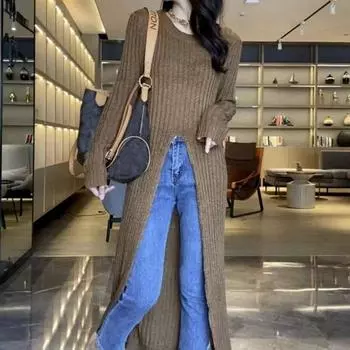 Design Sense Разделенный вязаный свитер средней длины, пуловер, женский осенне-зимний корейский повседневный свитер с круглым вырезом, женский пуловер One Size чёрный