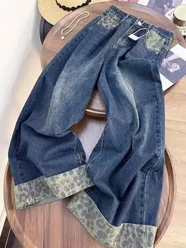 Design Sense Ретро-стежка с леопардовым принтом, завернутые джинсы, женские брюки-швабры, осень и зима, новые свободные широкие брюки XS синий