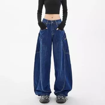 Design Sense Scimitar Большие карманы Прямые джинсовые женские брюки Осенние американские ретро свободные прямые широкие брюки женские XXXL синий