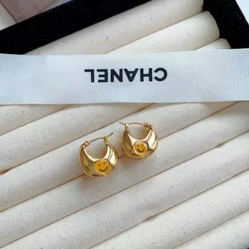 Design Sense Smiley Face All Copper Small Basket Earrings Women S Tide Cool Wind Age Reduction Individual Cold Wind Fun Ear Buckle New