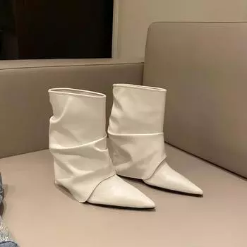 Design Sense Spice Girl Wedge Heel Pants Boots Autumn and Winter New Pointed Single Boots Heel Boots Fashion Short Boots 35 белый