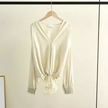 Design Sense Spring Women s Clothing Fashionable Temperament Slimming Long-Sleeved Jumpsuit Women s Lace Stitching Loose Casual Jumpsuit Light yellow 44