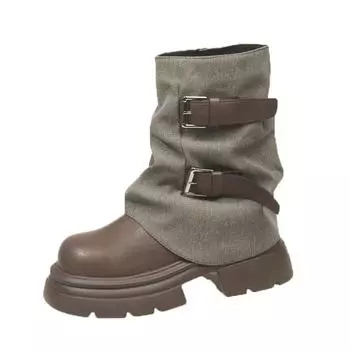 Design sense versatile fashion retro belt buckle medium boots children autumn and winter color matching new British Martin boots 35