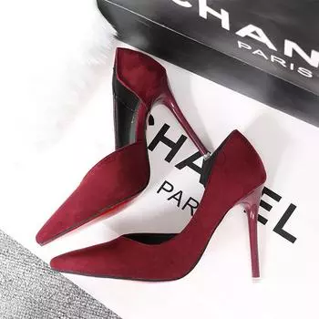 Design sense version fashion simple fine heel suede thin shallow mouth pointed side sexy hollow female high heels 35