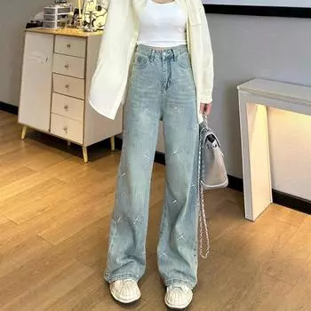 Design-sensing Jeans for Women s New Style of Spring and Autumn Slimming Straight Pants Fat Mm Retro Wide-leg Trousers S синий
