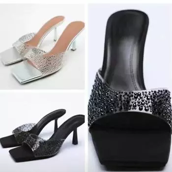 Дизайнерская обувь Роскошные шлепанцы на высоком каблуке Женские летние прозрачные босоножки на каблуке Босоножки со стразами Женские комфортные плюс 42 каблуки 36