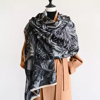 Design style Phoenix black gold imitation cashmere scarf for women s high-end gradient black mountain cloud shawl scarf 190*70cm