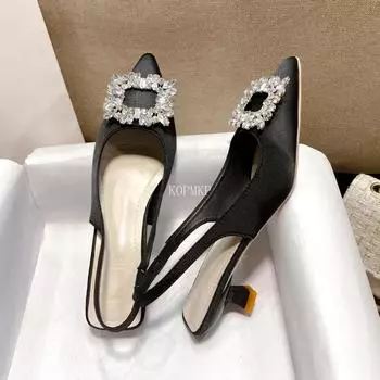 Дизайн Летние Женские Сандалии Новая Женская Обувь Острый Носок Мелкие Бриллианты Низкий Каблук Босоножки с Задним Ремнем Женская Обувь для Платья 35