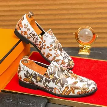 Design Tassels Mens Dress Shoes Big Size 46 Fashion Printed Wedding Party Shoes Men Slip-on Leather Shoes For Men Flat Loafers 38