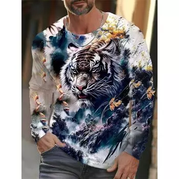 Design Trendy Men s Animal 3D Digital Printed Men s Round Neck Long Sleeved T-shirt Casual American T-shirt S