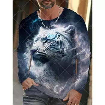 Design Trendy Men s Animal 3D Digital Printed Men s Round Neck Long Sleeved T-shirt Casual American T-shirt S