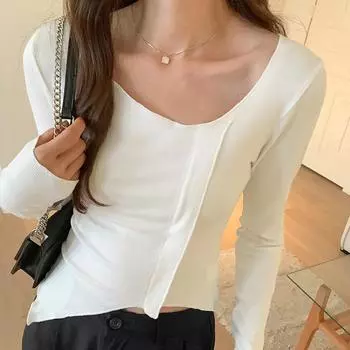 Футболка с длинными рукавами и неровным подолом на правом плече для женщин, новая осенняя белая рубашка с коротким топом S