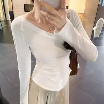 Дизайнерская приталенная футболка с V-образным вырезом, тонким рукавом реглан и длинным рукавом для женщин, новинка ранней осени, темпераментная, стройнящая, короткий топ S