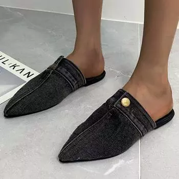 Дизайнерские джинсовые тапочки, летняя мода, заостренные, роскошные, с металлическими пуговицами, женские туфли на плоской подошве, повседневные пляжные сандалии для отдыха на природе 35 чёрный