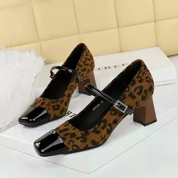 Designer Fashion Buckle Strap Mary Janes Women Square heel Shoes Dress Footwear Leopard Print Female Soft Round Toe Ladies Shoes 35