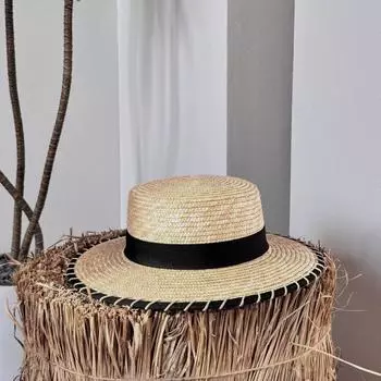 Designer flat-top straw hat, hand-locked edge, sunshade, sunscreen, vacation leisure, UV protection, flat edge women M56-58cm