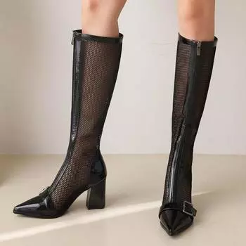 Designer Knee High Boots Women 2024 Spring Summer Shoes White Block Heel High Boots For Women Zipper Point Toe Mesh Breathable 34 чёрный
