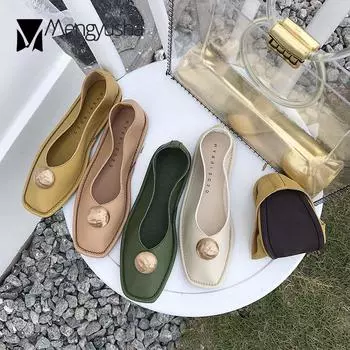 Designer Metal buckle flats woman soft pu leather grandma shoes women sneakers solid casual moccasins slip on square toe loafers 5 бежевый