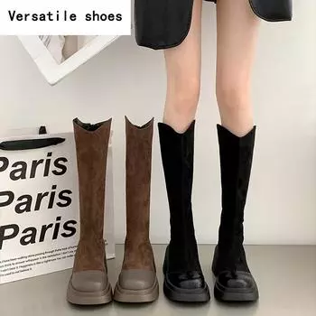 Дизайнерские современные женские сапоги до колена, модные длинные ботинки с квадратным носком, уличный стиль, элегантные женские туфли на высоком каблуке 35