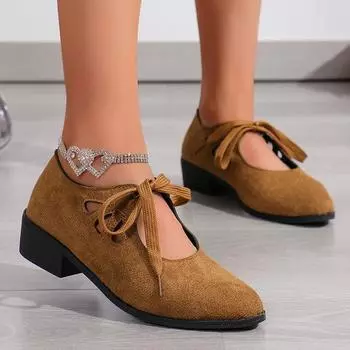 Designer Pointed Toe Women Shoes Suede Lace-up Chunky Loafers Shoes Fashion Autumn New Brand Walking Casual Dress Zapatos Mujer 36