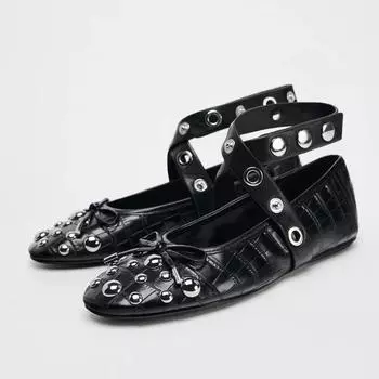 Designer Rivet Strap Ballerinas Woman Flats Crocodile Shoes Gladiator Loafers Ladies Soft Soled Ballets Lolita Mary 35 чёрный