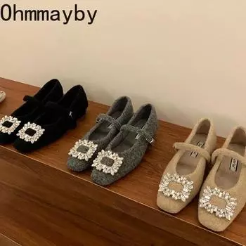 Designer Spring Crystal Women Mary Jane Shoes Fashion Shallow Low Heel Shoes Concise Outdoor Lady Shoes 35 серый