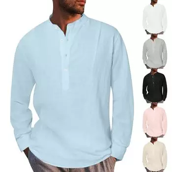 Дизайнерские весенне-летние мужские повседневные хлопковые льняные рубашки с длинным рукавом, свободные рубашки L чёрный