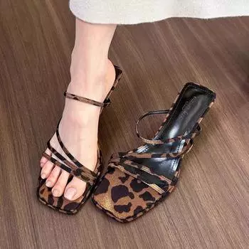 Designer Summer High Heel Women Sandals Fashion Narrow Band Leopard Pumps Outdoor Dress Sandal Women s Shoes 35 чёрный