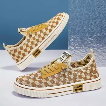 Designer summer sports fly-woven breathable board shoes, light big eyes, outdoor one-pedal plaid men s live broadcast loafers 39 чёрный