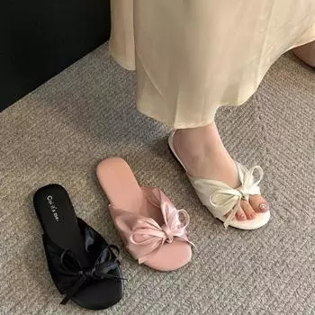 Дизайнерские Летние Женские Сандалии Модные Туфли с Круглым Носком и Бантом-бабочкой Женские Шлепанцы Элегантные Туфли на Плоской Подошве для Танцев и Вечеринок Сандалии 35