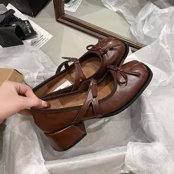 Designer Vintage Square Toe Women Mary Jane Shoes Fashion Shallow Butterfly-knot Shoes Ladies Elegant Dress Pumps Shoes 35 коричневый