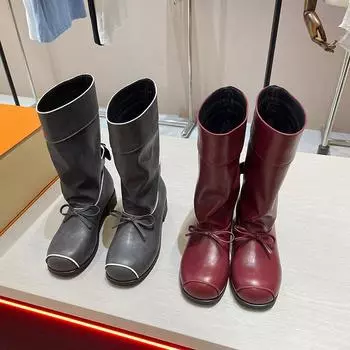 Дизайнерские винтажные женские рыцарские сапоги, модные туфли на толстом каблуке, весна-осень 2025, женские лаконичные полусапожки до середины голени 35