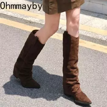 Designer Vintage Women Western Knee High Boots Fashion Pointed Toe Long Booties Autumn Winter Thick Heels Ladies Shoes 35 коричневый