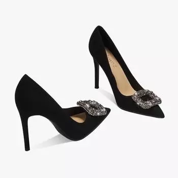 Дизайнерские женские туфли-лодочки из шелка на высоком каблуке 7 см 9,5 см Takron для офиса, с острым носком, с пряжкой из сверкающих кристаллов, черные туфли на высоком каблуке 37