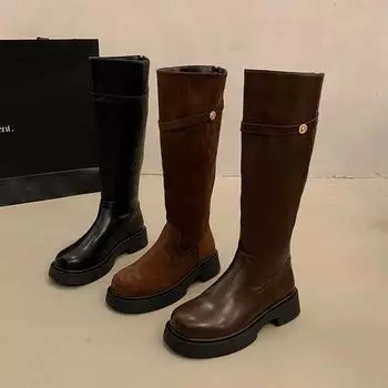 Designer Women Knee High Boots Fashion Large Cylinder Circumference Shoes Autumn Winter Low Heel Ladies Knight Long Booties 35 чёрный