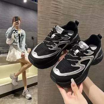 Designer Women s Sneakers 2024 Fashion Contrasting Color Thick-soled Shoes for Women Trendy and Versatile Ladies Casual Shoes 35 чёрный