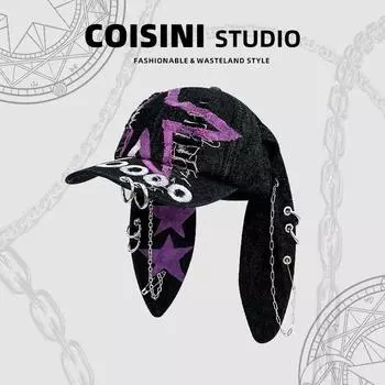 Designer y2K wasteland wind rabbit ears denim ripped baseball cap dark punk hottie photo cap Adjustable