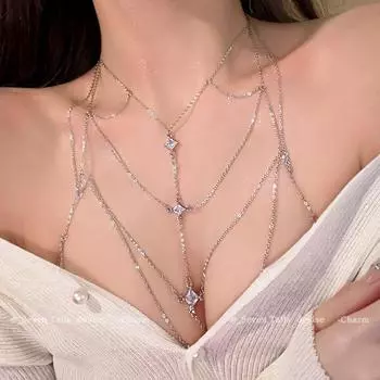 Desire Style Necklace for Women Summer Fashion Cool Exquisite Body Chains Chest Necklace Three-Dimensional Back Chain Fashion All-Matching Ornament Super Flash Body Chain