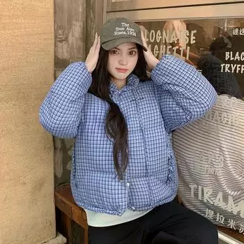Detachable sleeves, blue stand-up collar plaid warm short down cotton jacket, women s winter Korean plaid padded jacket S