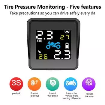 Детектор давления в шинах мотоцикла на солнечной батарее, беспроводной монитор давления в шинах, система сигнализации контроля температуры шин с 2 датчиками with 2Pcs Sensor