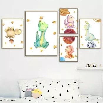 Детеныш динозавра тираннозавр трицератопс настенное искусство детская картина холст скандинавские постеры и принты настенные картины декор комнаты для мальчика 21*30cm